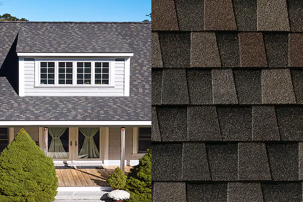 Split view left shows a gray shingled house with a dormer window and front porch right shows a close up of dark asphalt shingles